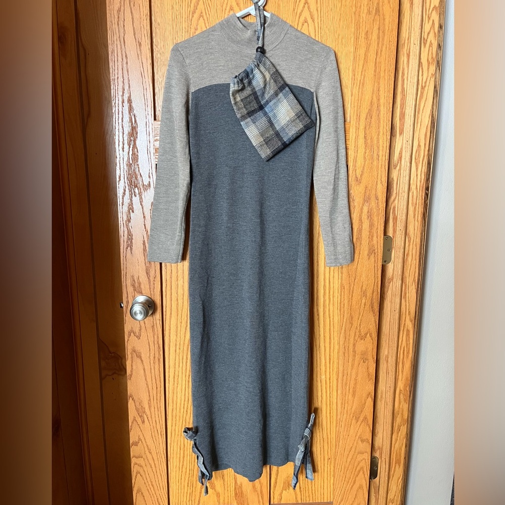Talbots 100% Merino Wool Gray and Tan Mock Neck Long Sleeve Maxi Dress Dress